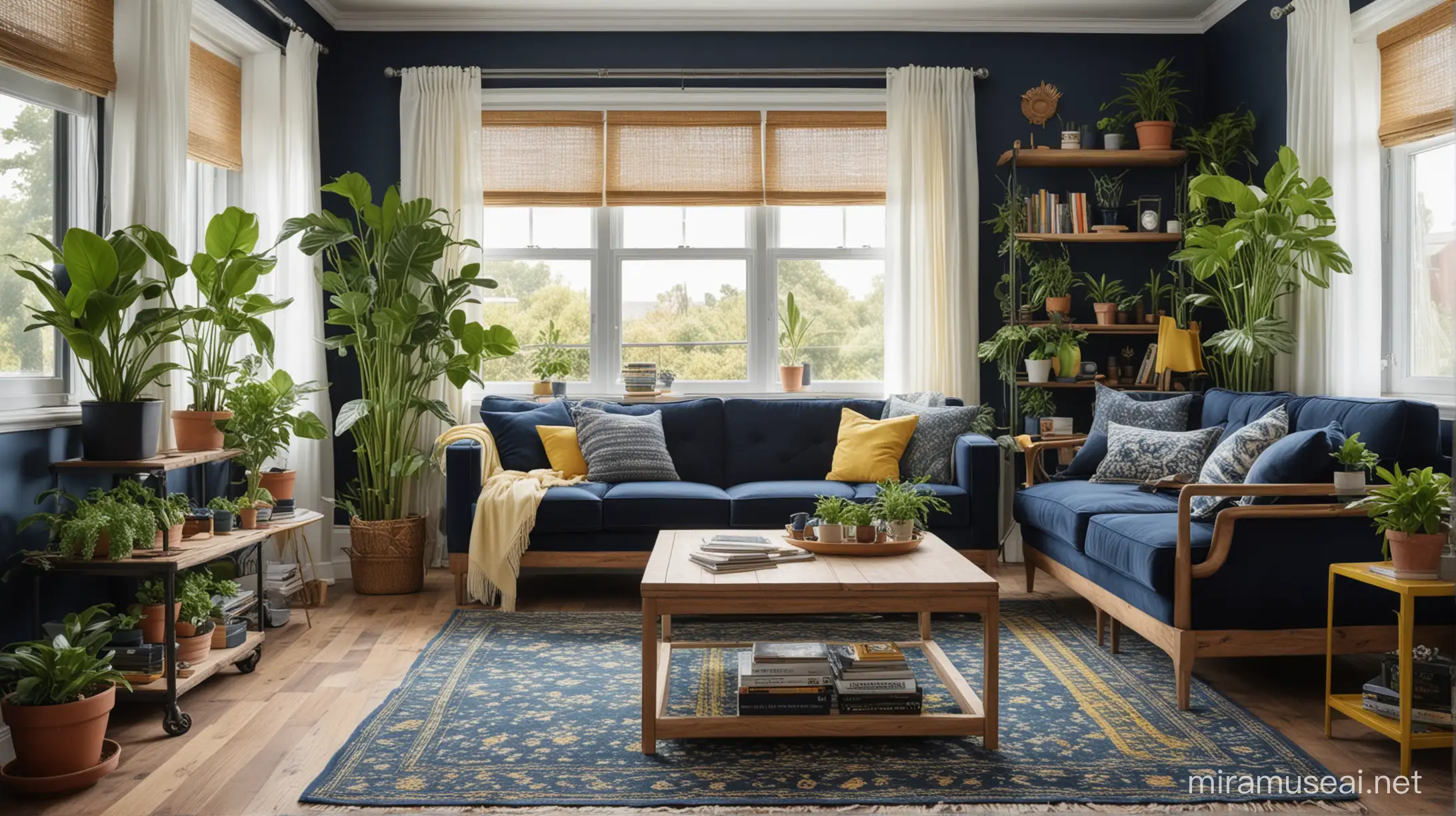 generate navy blue living room with lots of green house plants, shelves, industrial style and wood, and dark navy blue sofa, yellow chair and boho navu blue and yellow carpet, wooden coffee table, and sunset light coming from the window, and white transparent curtains on the windows, and industrial ceiling lamp with plants on it