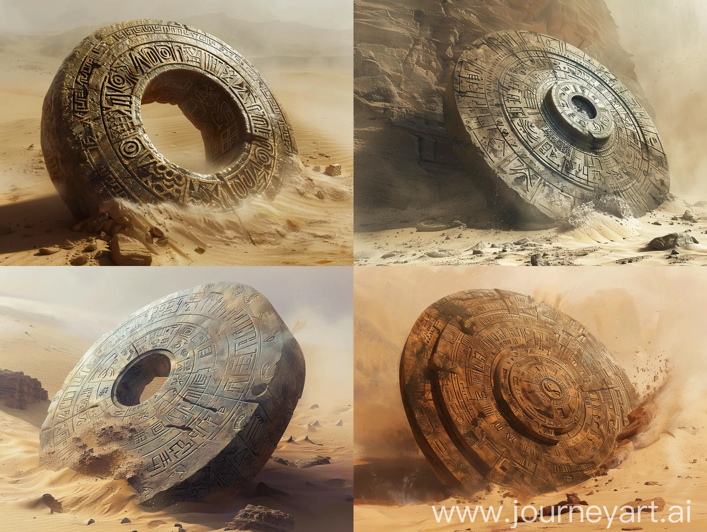 create an image in the style of artist Zdzisław Beksiński. A large and ancient circular stone tool , with intricate patterns, dials and unknown letters, of mysterious origin, lying in a desert, half buried in sand. muted colours.