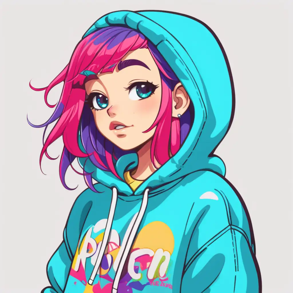 a cartoon girl wearing a hoodie with vibrant colored hair 