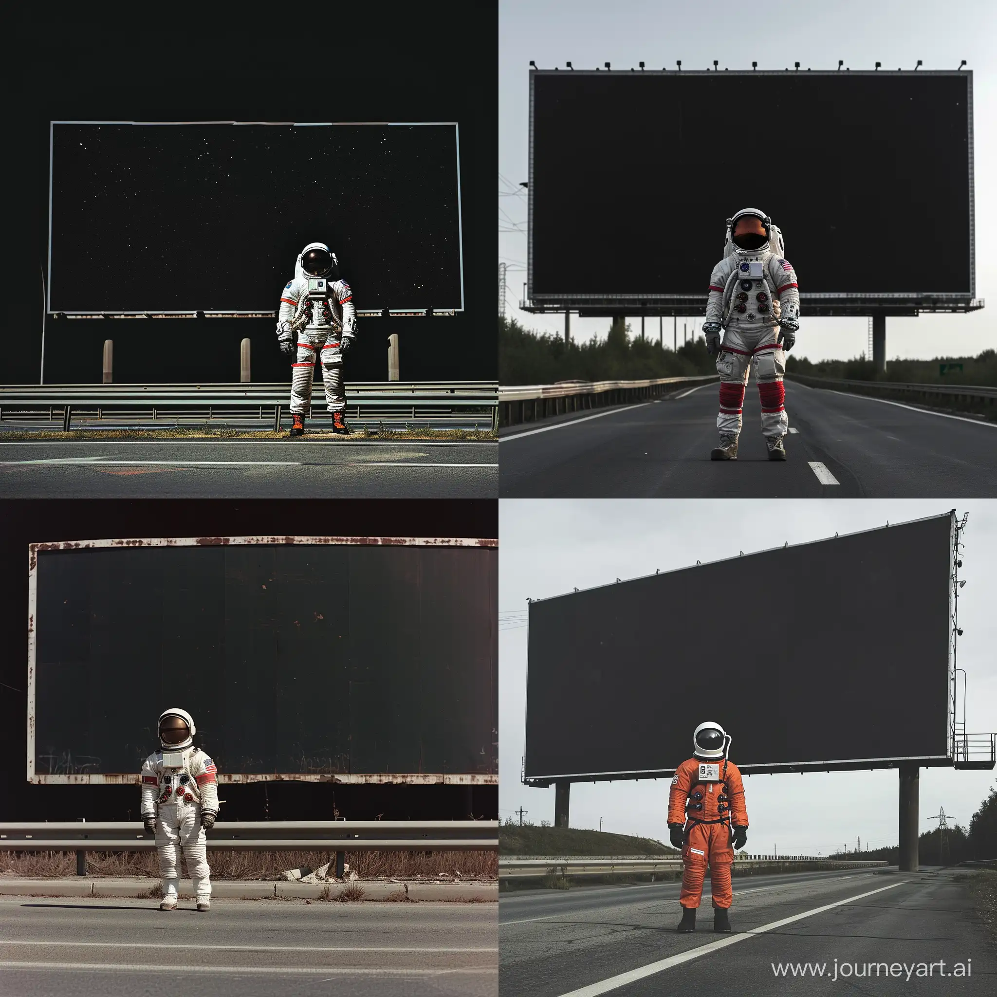 Космонавт стоит на шоссе, за ним большой билборд пустой с черным фоном