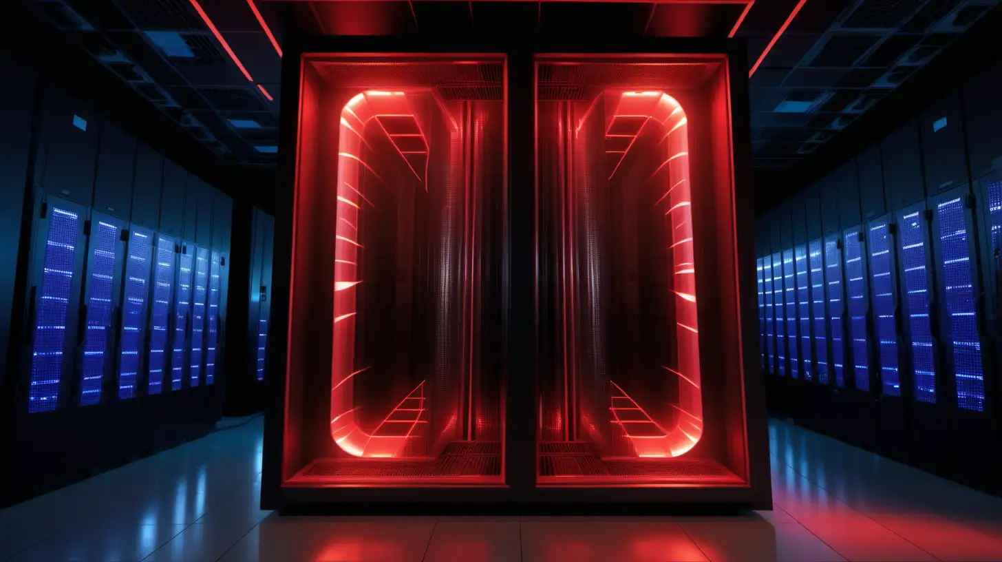2001 Monolith, Enormous Supercomputer Cooling System inside monolith, red neon, encased behind glass, swirling light