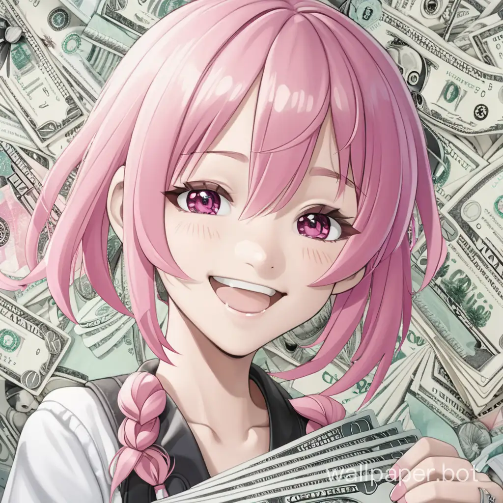 anime girl with pink hair grinning with money in the background