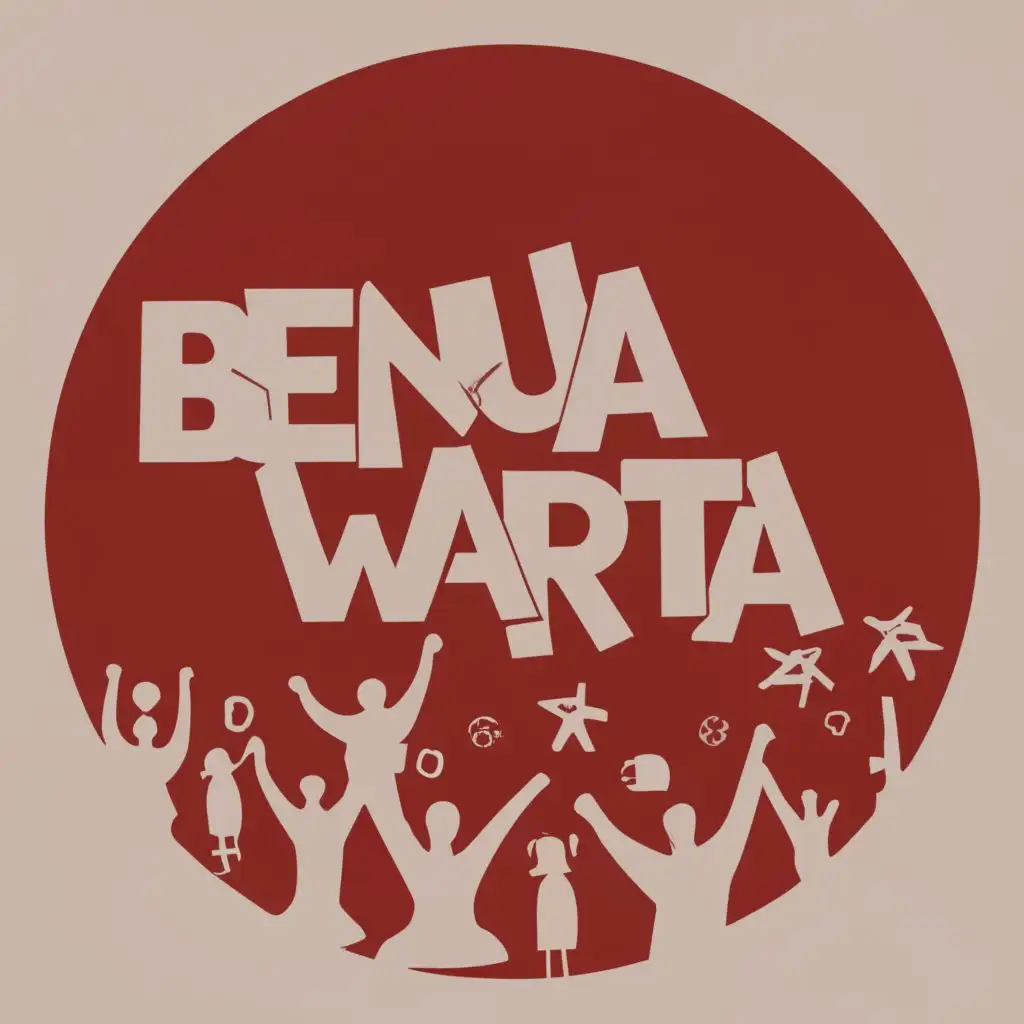 logo, globe, people, colour red, with the text "Benua Warta", typography, be used in Entertainment industry