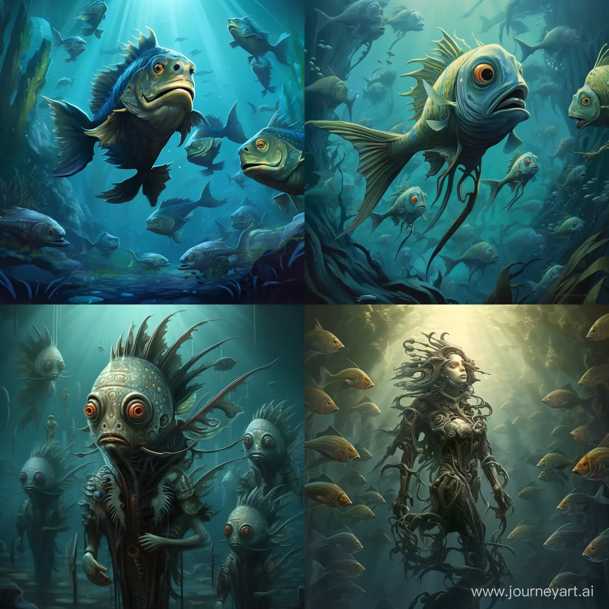 A fantastic race of fish people living deep underwater. They have the head of a fish, fins and tail like a fish, legs and arms like a human.