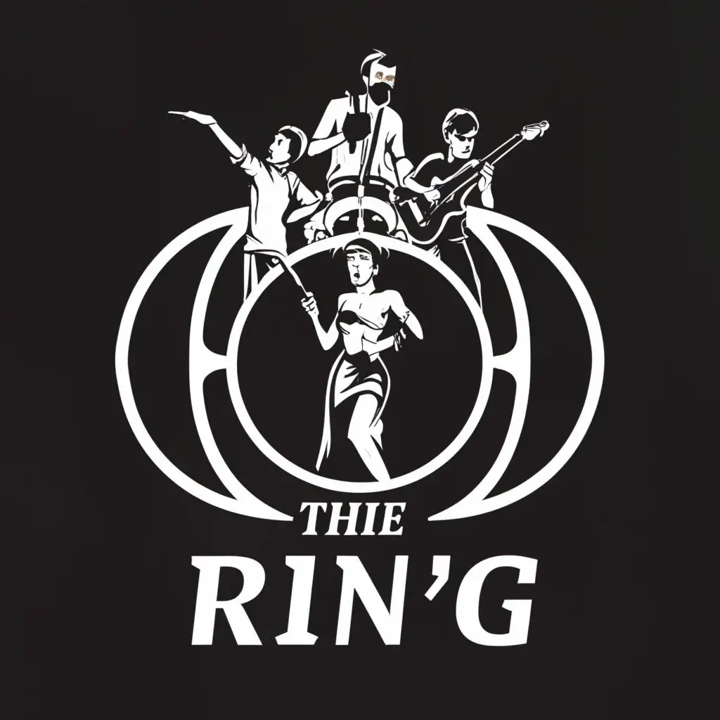 a logo design,with the text "The Ring", main symbol:Music band, rock, singer, drum, guitar bass, keyboard

,Moderate,be used in Events industry,clear background