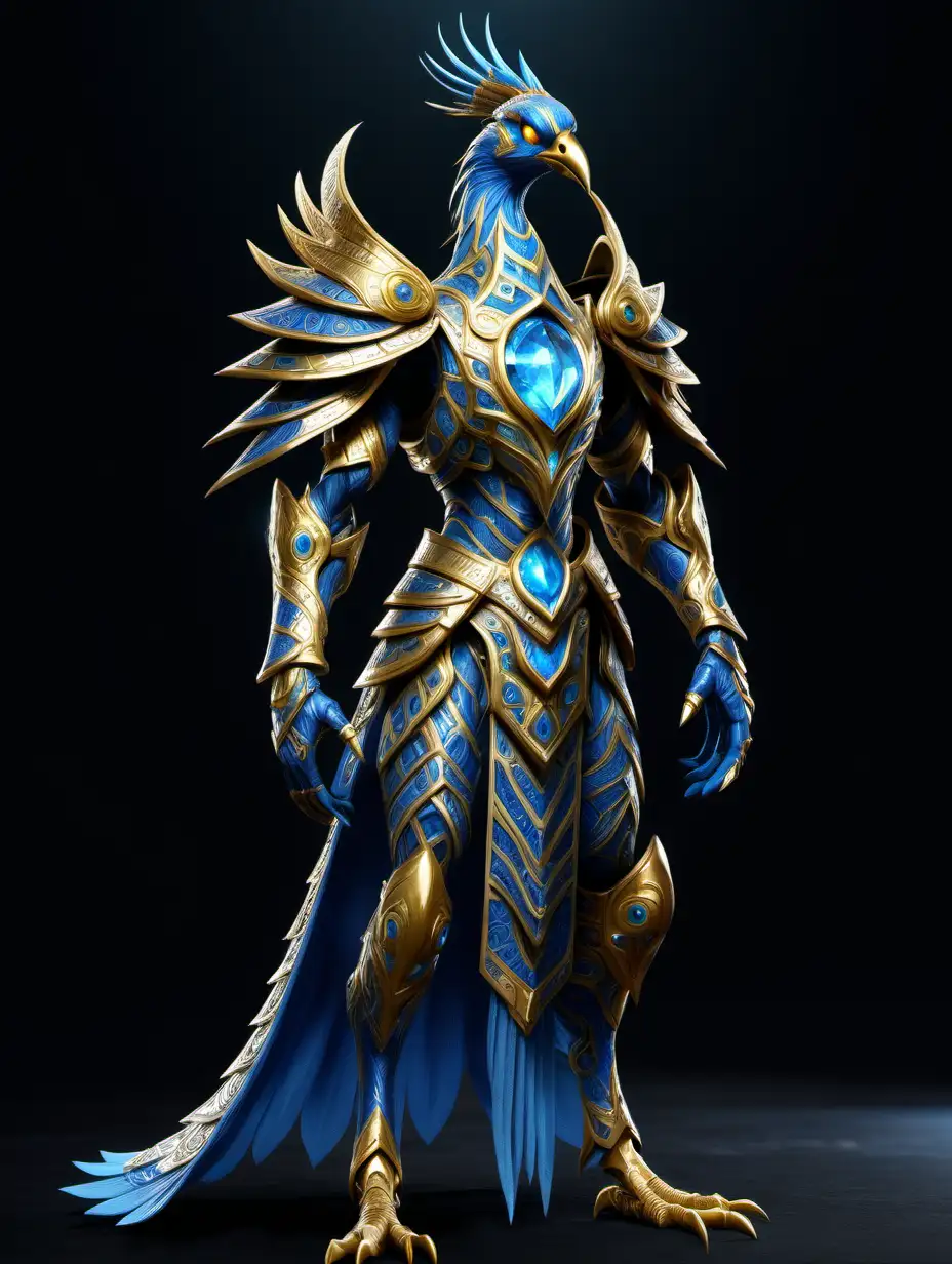 Full body image of a tzaangor with the face of an elegant bird with large golden eyes and a golden beak, wearing heavy science fiction tactical armor that is blue with intricate gold pattern woven into it. No weapon in hands. Large blue crystal in the center of the chest of the armor. Dark background in image.