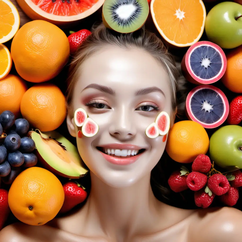 Radiant Woman Surrounded by Fresh Fruits and Clear Skin Bliss