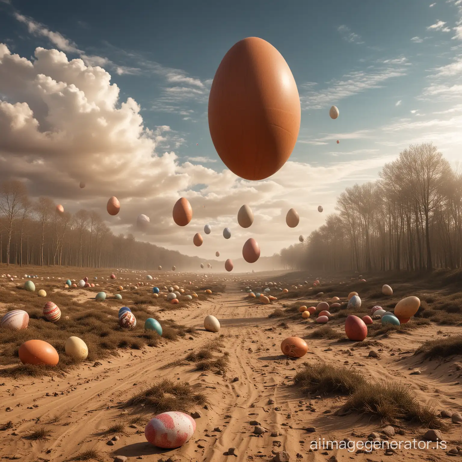 Giant Easter eggs of various sizes and materials flying in the sky. On the ground, countryside and forest. It looks like a scene from Dune.