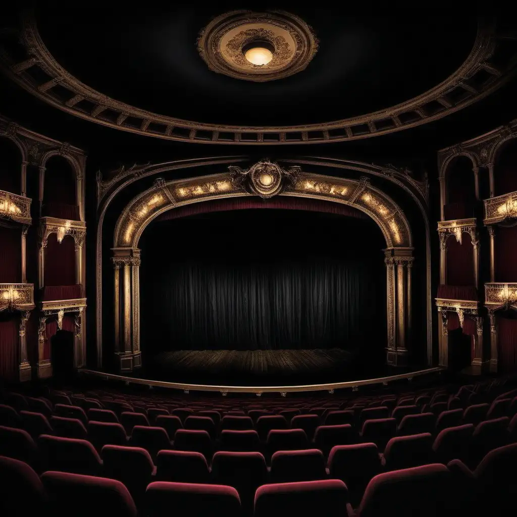 Erstelle mir ein Bild eines pompösen Theaters. Die Bühne jedoch ist düster und gruselig.