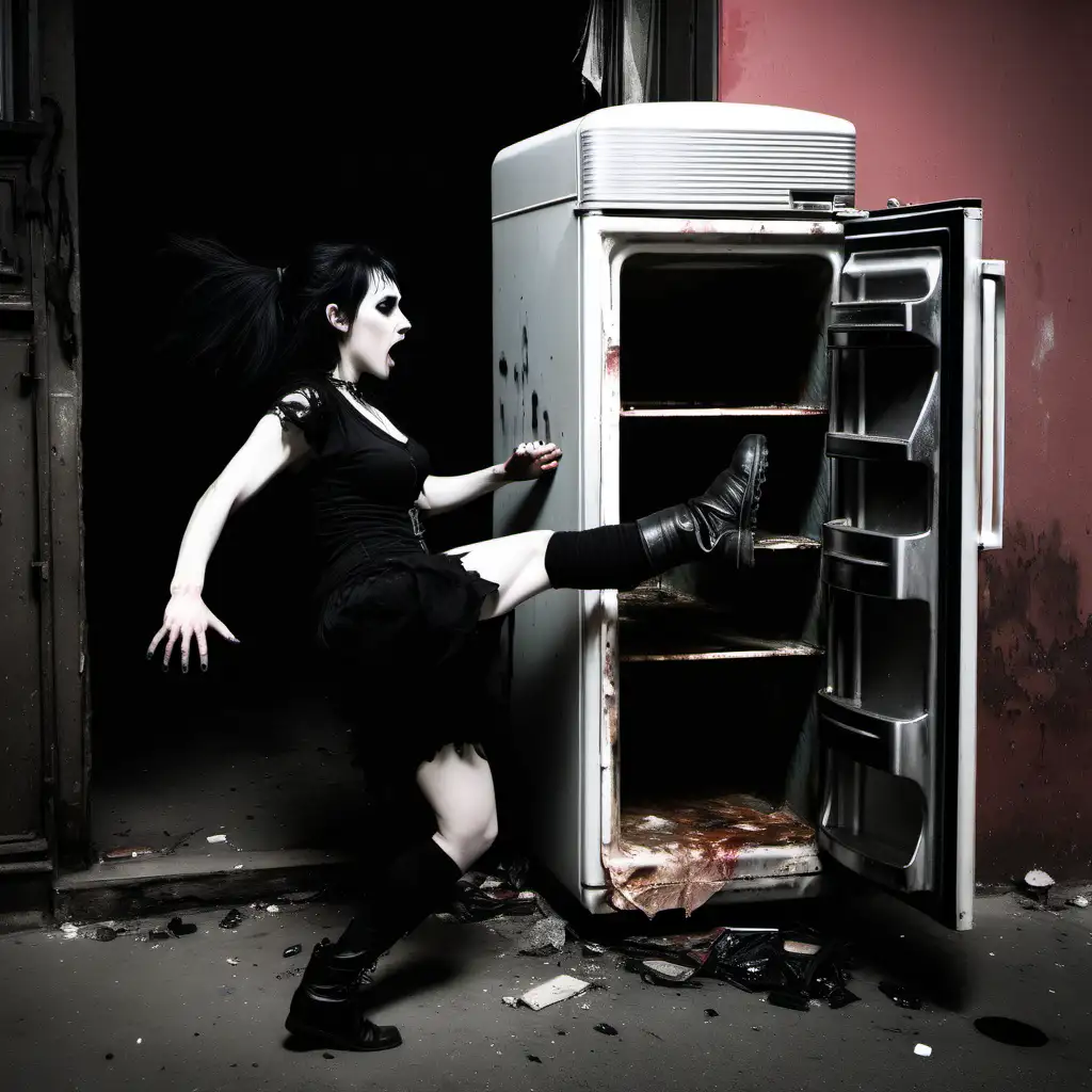 gothic woman kicking an old refrigerator in a run down bar