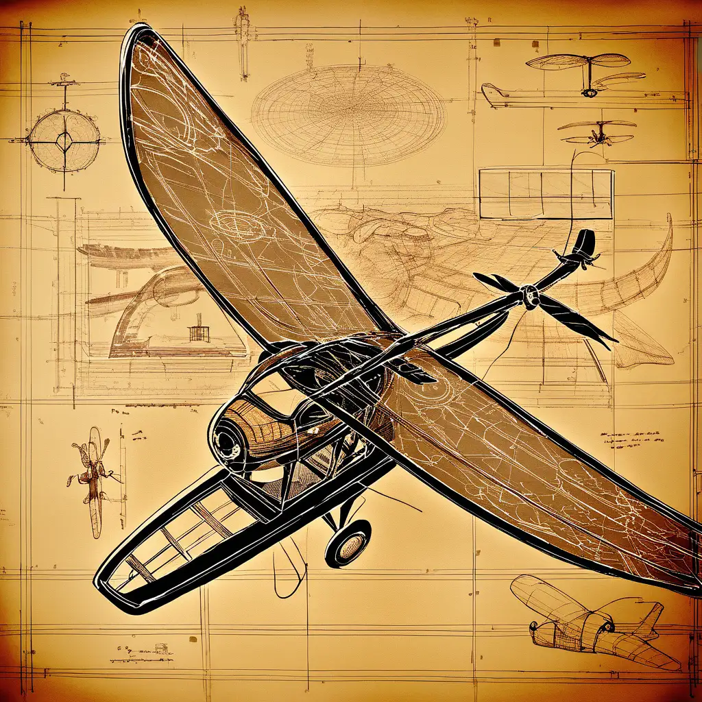 futuristic aeroplane with vibrating wings like a dragon fly. Blueprint. Indian ink on brown paper. 