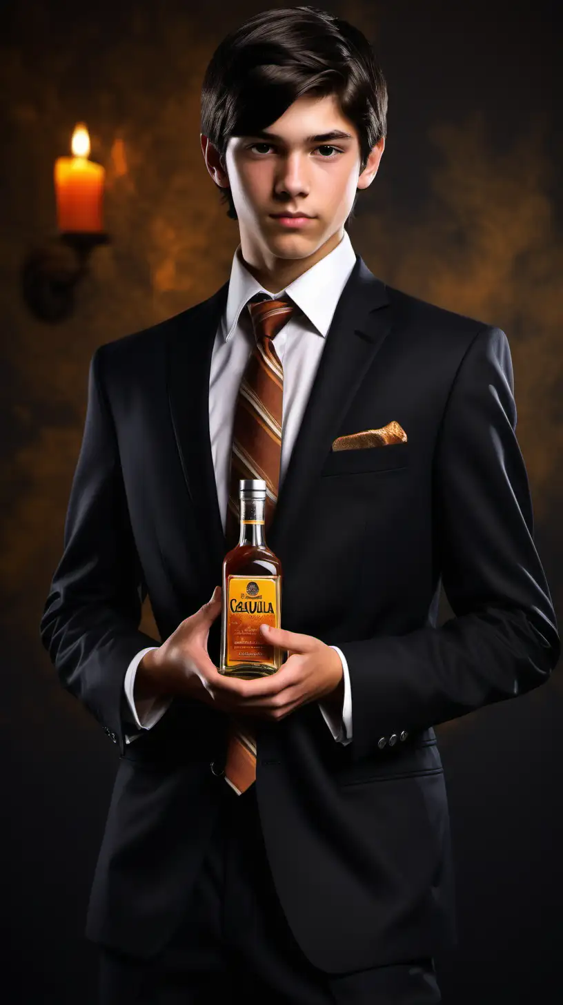 Generate a photorealistic image of a Caucasian teenage boy with dark, close-to-black hair, dressed in an elegant business suit complete with a tie and pocket handkerchief, maintaining a business-like demeanor. Place this boy in a setting with a dark background, with colors that evoke the feel of fall. He should be holding a bottle of tequila while dressed in the formal attire. Ensure that the scene captures both the formality of his attire and the autumnal atmosphere with fall-like colors in the background. Pay attention to details, lighting, and realism to create an image that blends the business outfit with the fall-inspired setting and the tequila bottle.
