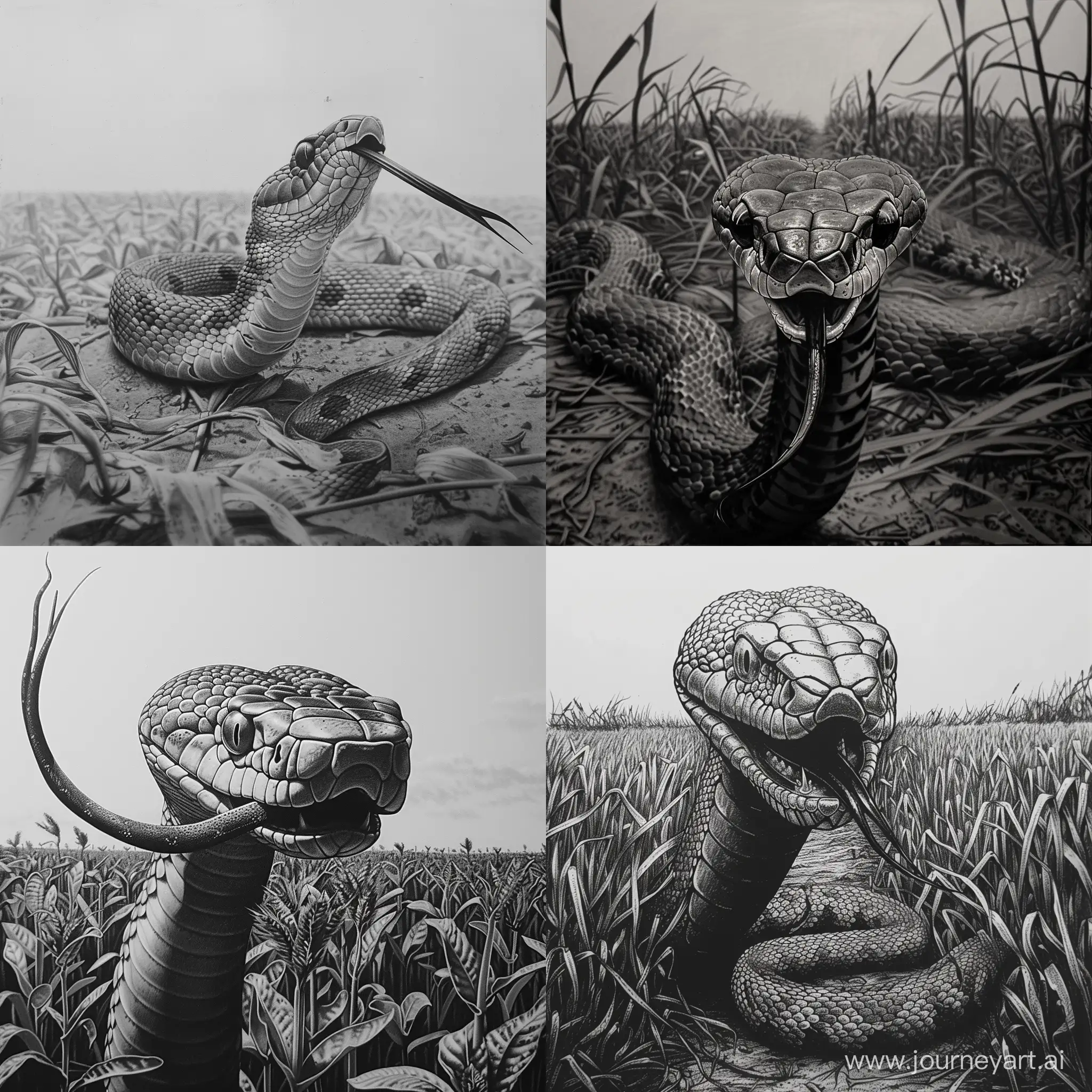 Venomous-Snake-in-Chinese-Field-Monochrome-Reptile-Art