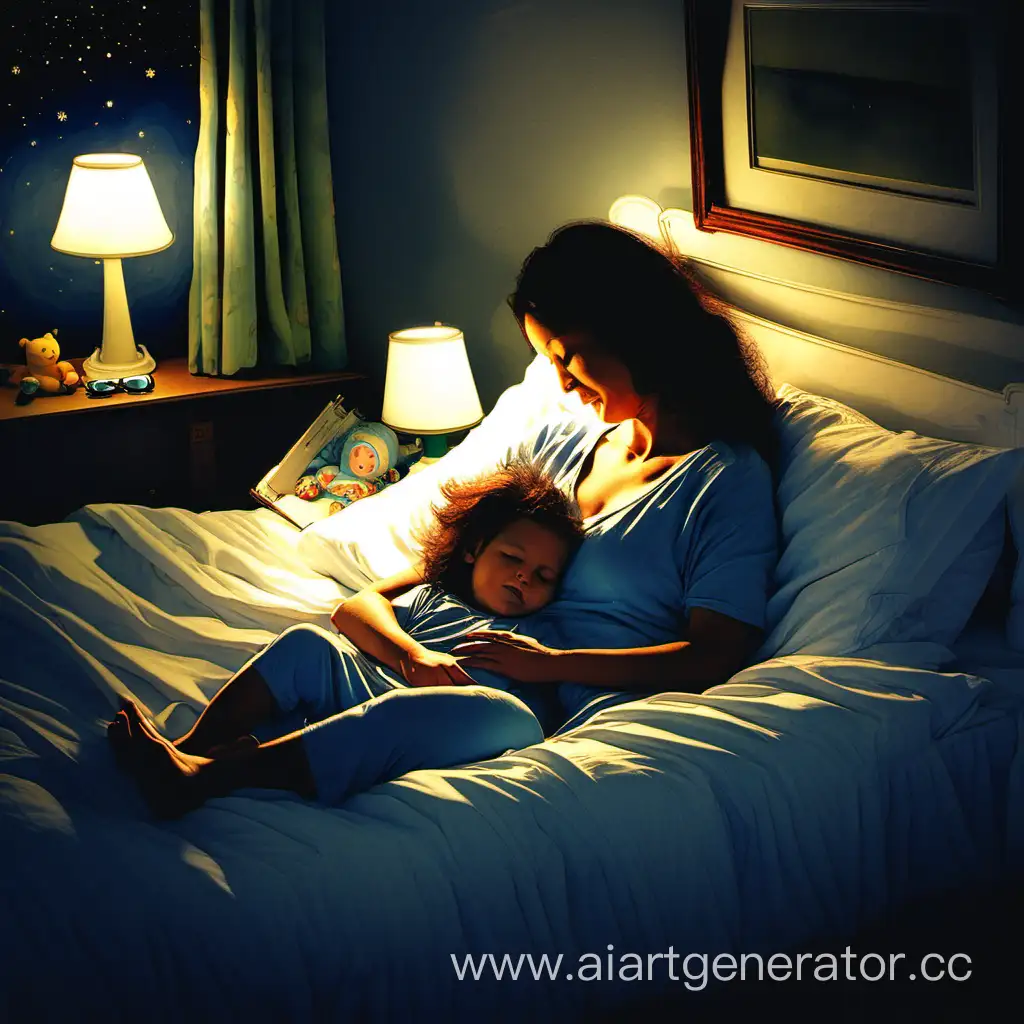 mother and child, night, bed, mother sitting, child sleeping