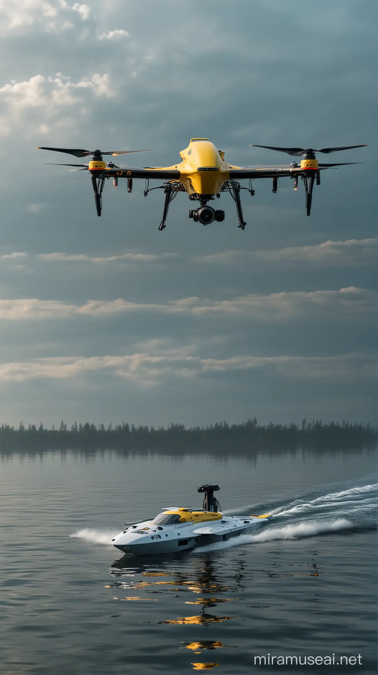 найсучасніший морський дрон  з українською символікою. І дрон, котрі пливе по воді. Гиперреалестично, 8к зображення. В стилі кінематограф.