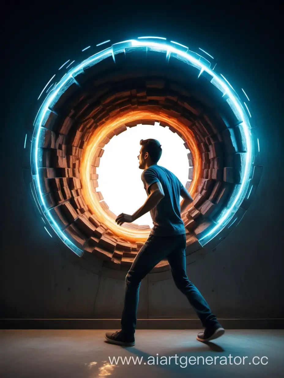 A guy enters an energetic round portal, side view.