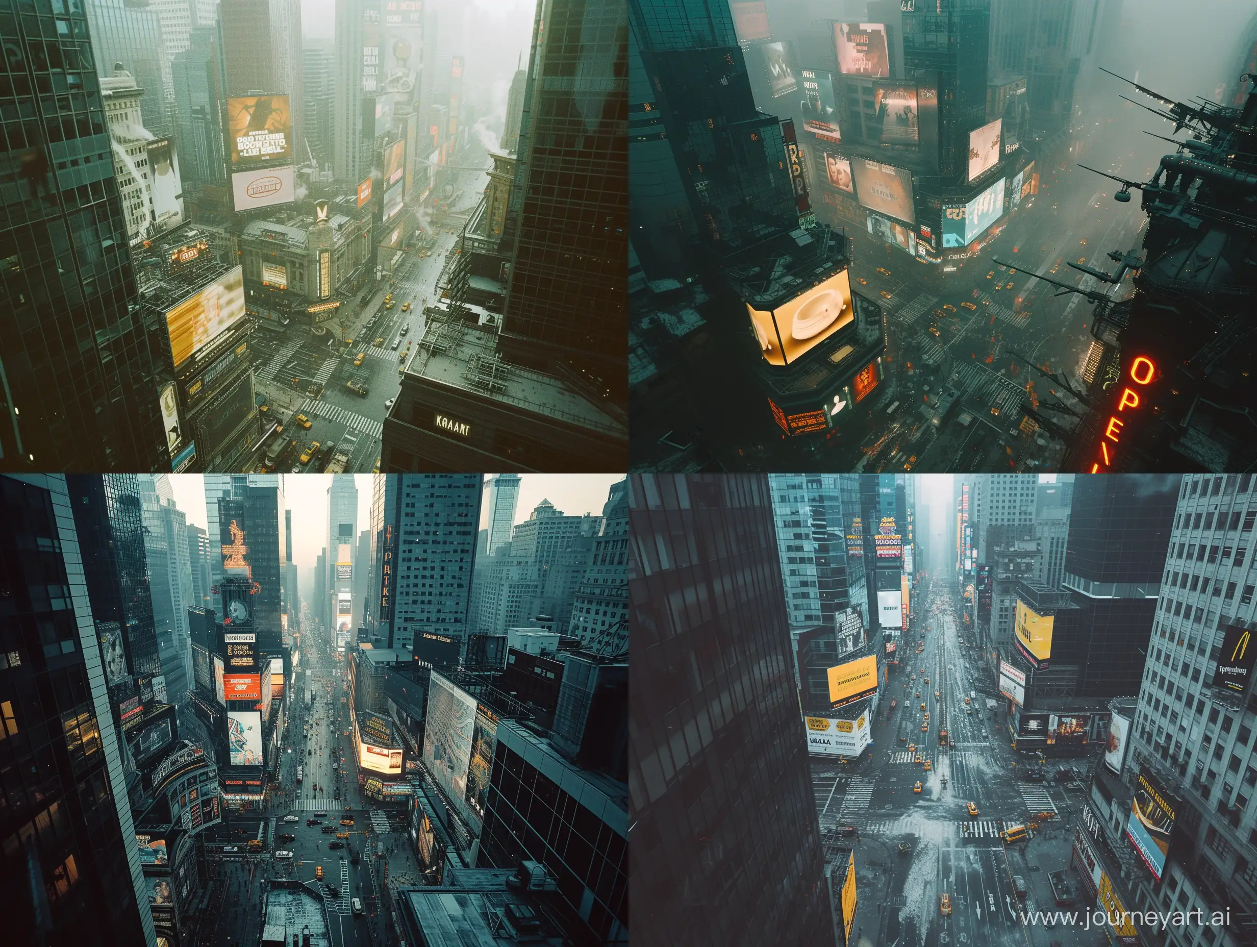 A photo of a sci fi Philadelphia City taken with Kodak Gold 200 film, capturing the natural lighting and busy city environment. The style is raw, drone view, with billboards in the background, architectures, skyscrapers,