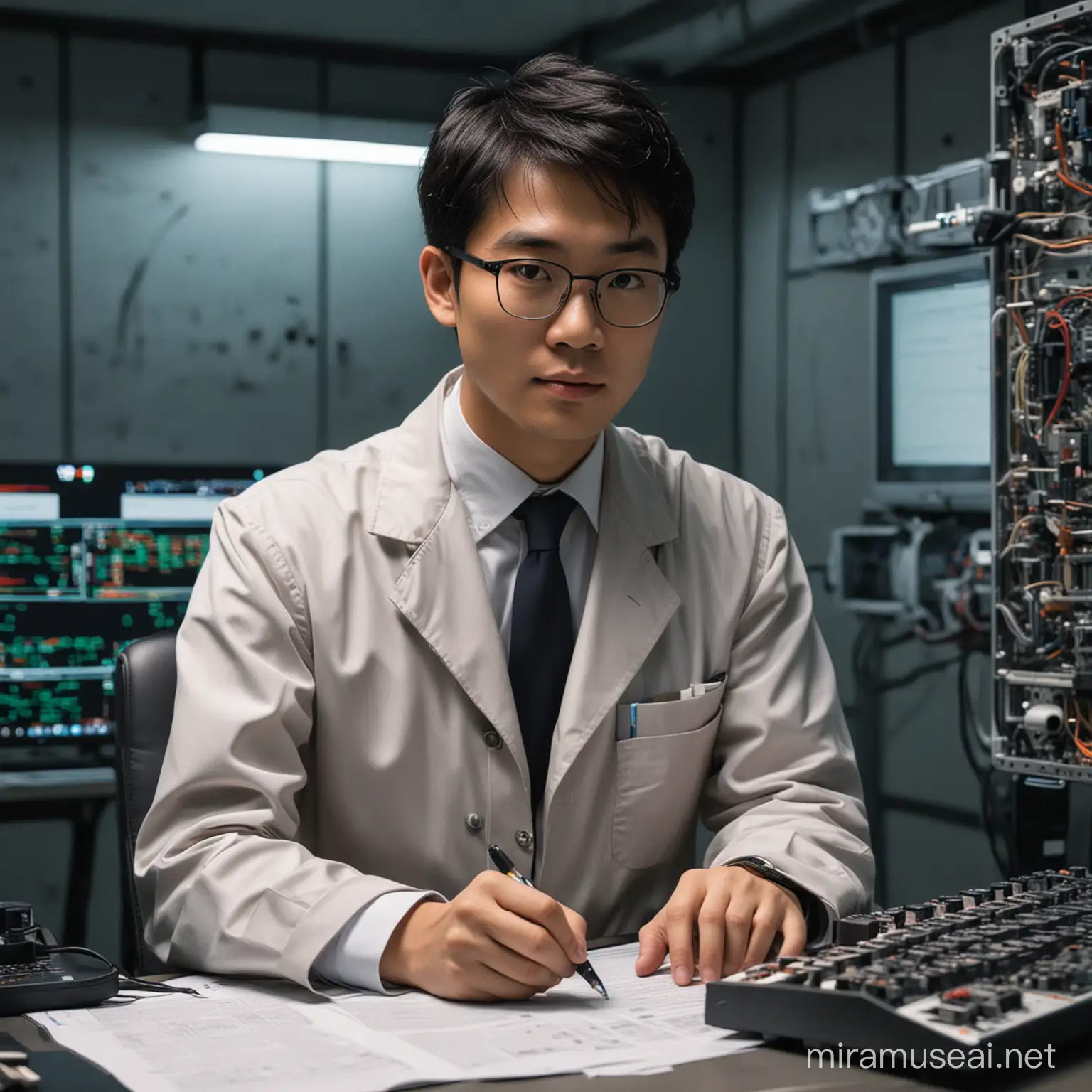 A young Asian professor is working on a super AI in a secret base.