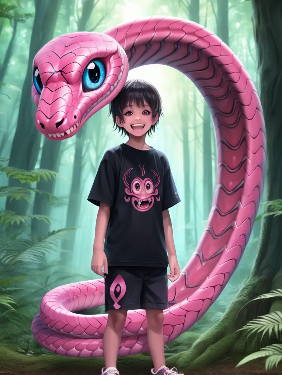 Enchanting Encounter Curious Boy Meets a Cute PinkEyed Snake Demon in the Forest