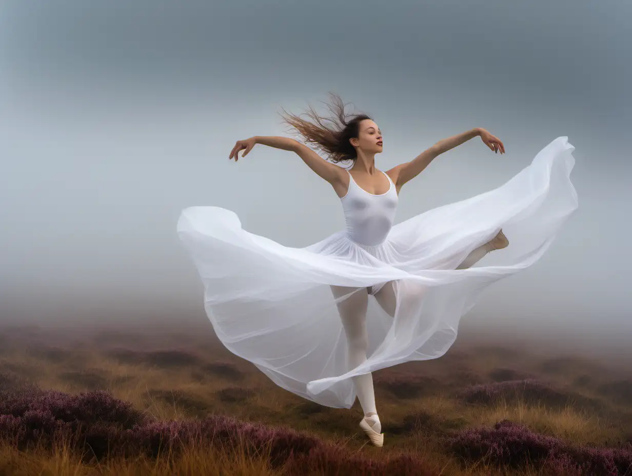 Dancer wearing floaty white skirt and leotard, she holds the same fabric in her hands that floats above her and dances in the wind, dancing on a heathland, mist and clouds, 
