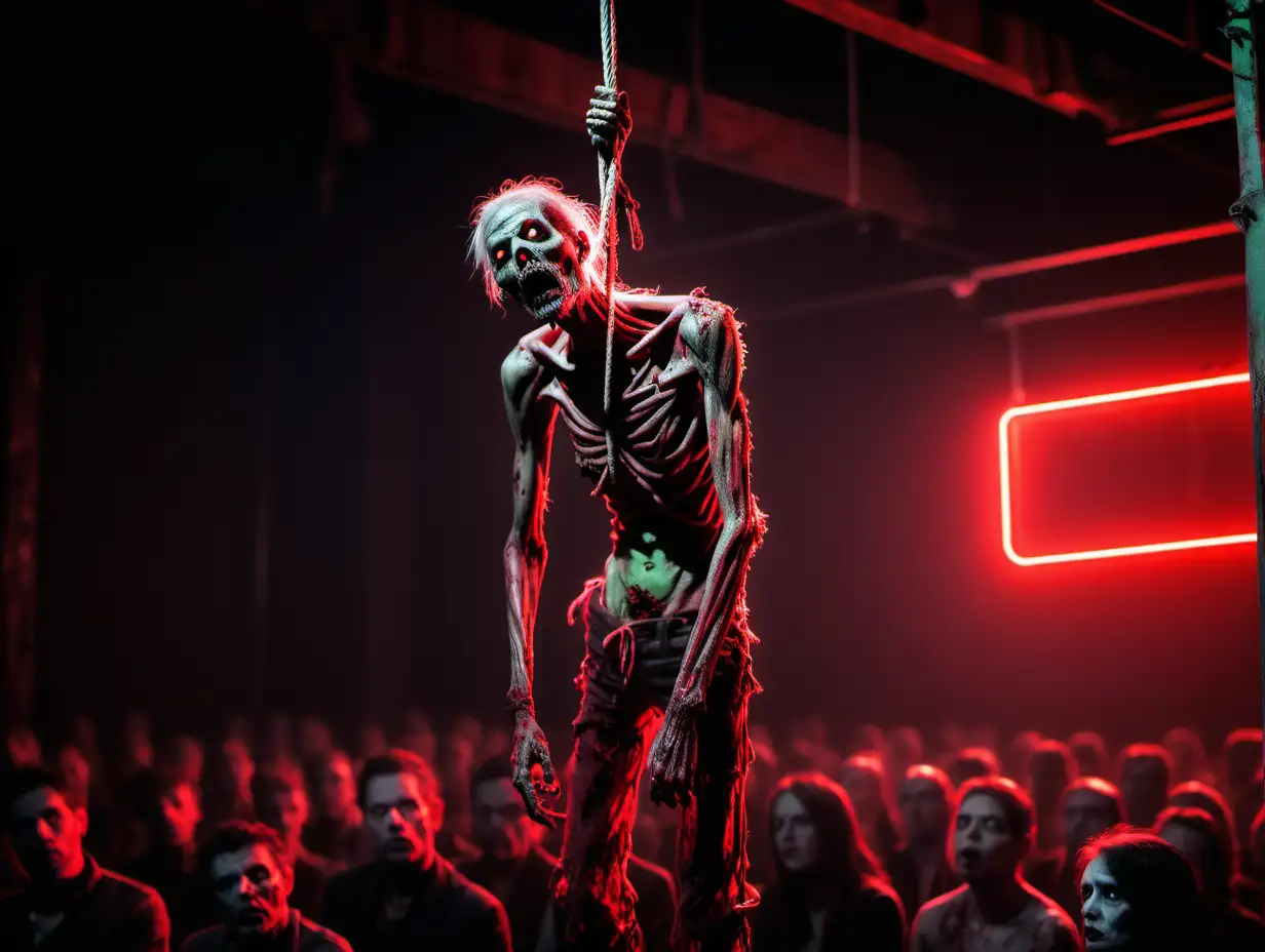 neon rouge, zombie pourrit pendu par une corde devant un publique 