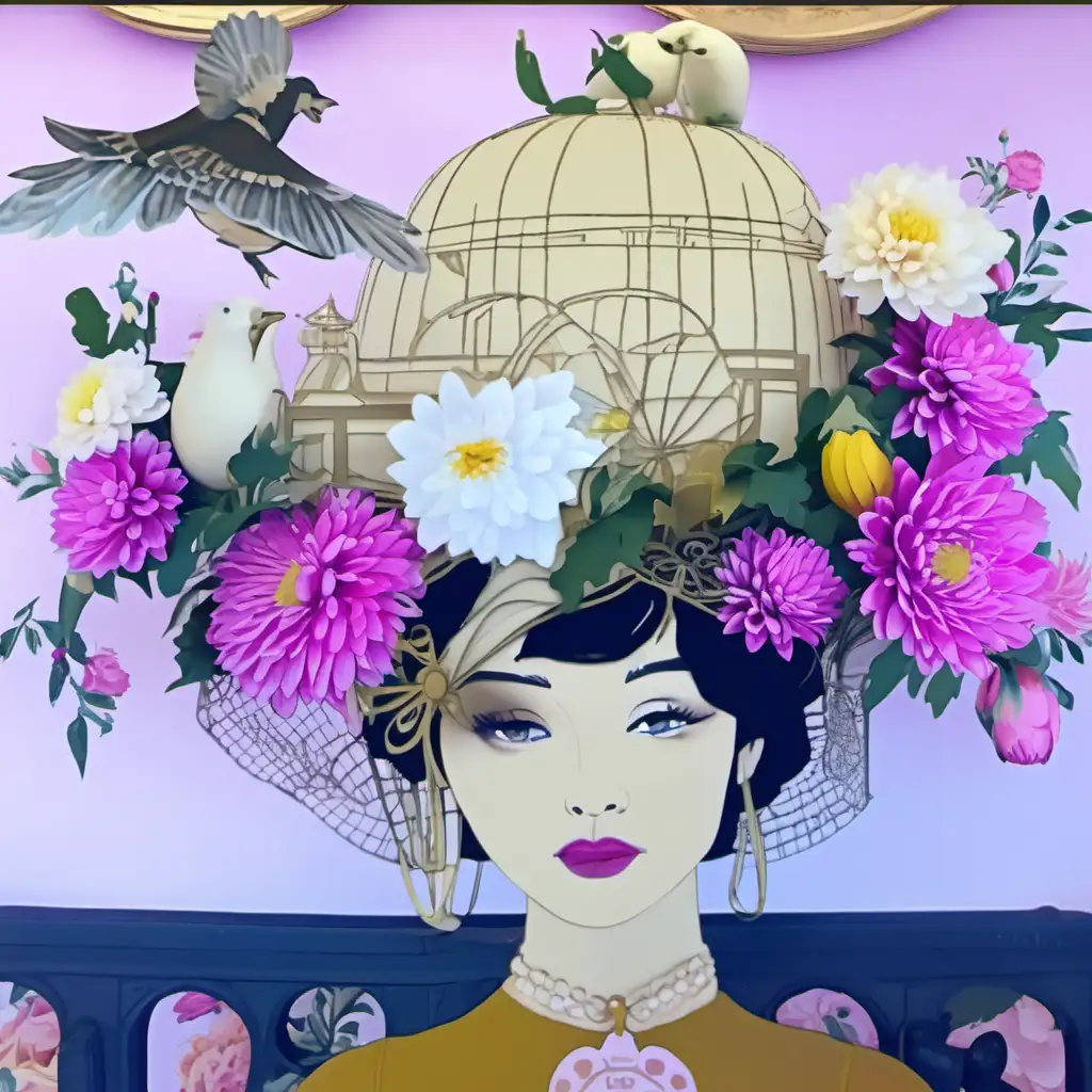Vintage Lady with Pink Birds and Pagoda Birdcage Headdress Amidst Pink Chrysanthemums Yellow Roses and Dahlias