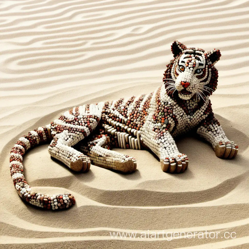 тигр из мелких камней, лежит на песке