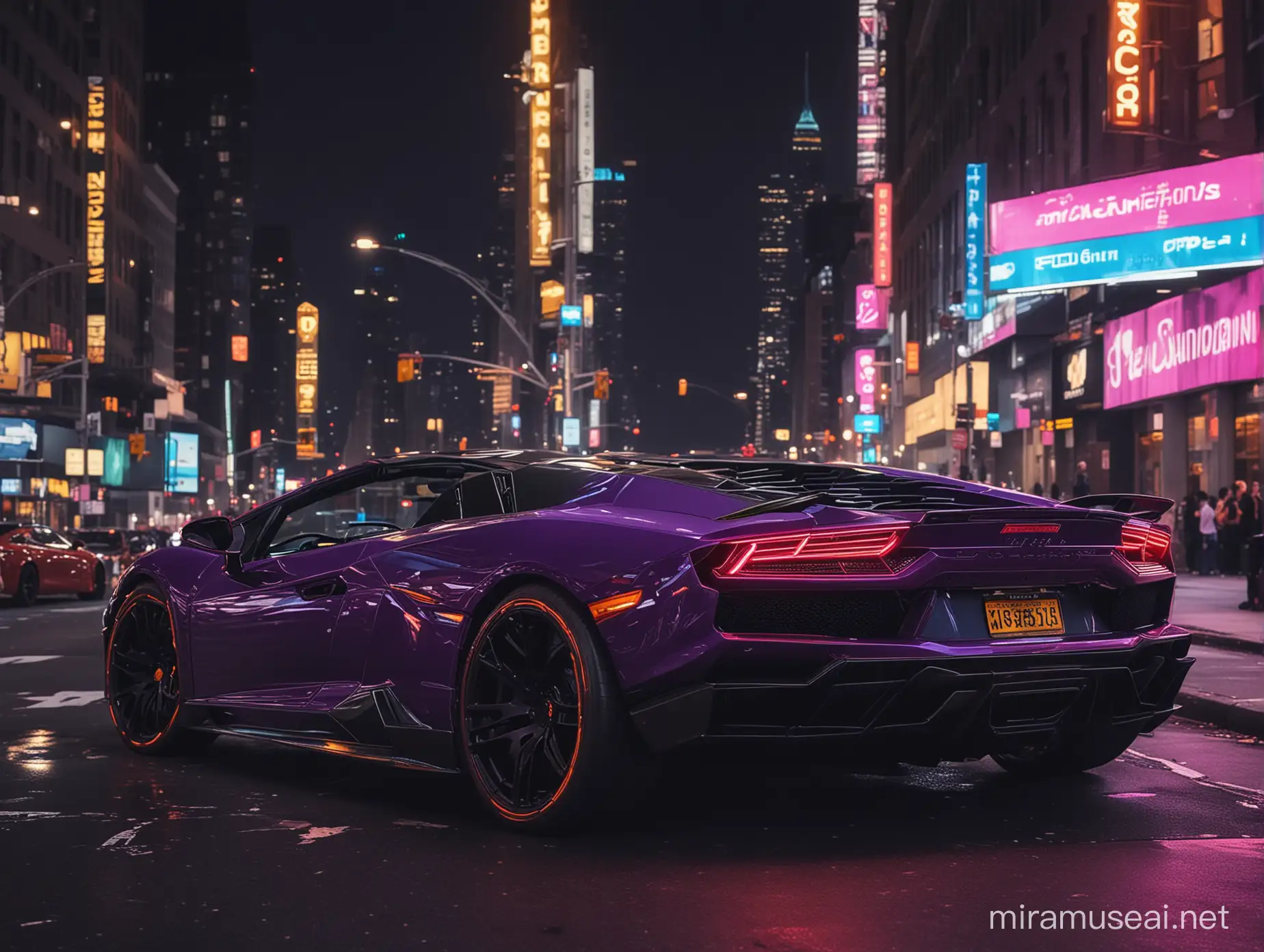 NeonLit Lamborghini in New York City at Night 4K High Definition Background