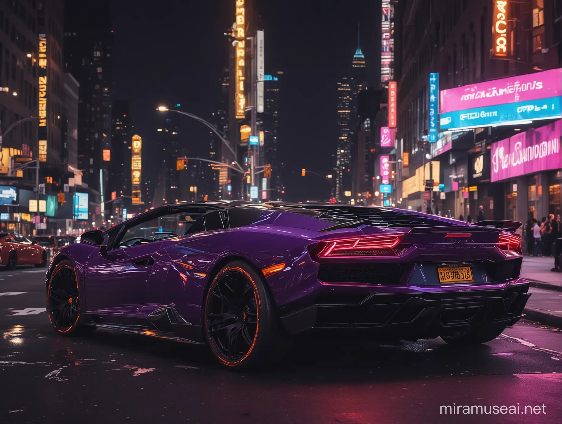 new york city on night, lamborghini with neon lights, background 4k high definition