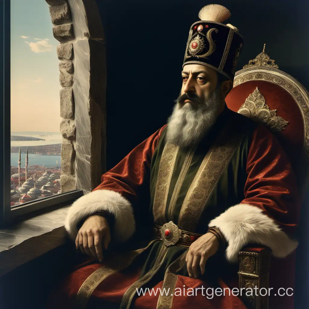 Османский султан с большой бородой сидит на троне задумчиво смотря в оконо вид на Стамбул, с красивой шапкой 