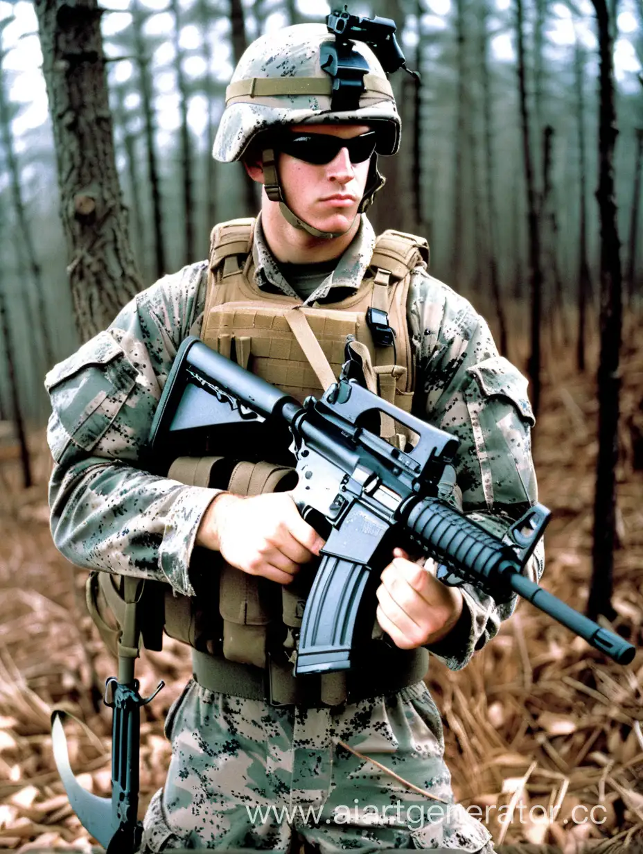 American marine, wearing woodland camo, holding an M-16 automatic rifle