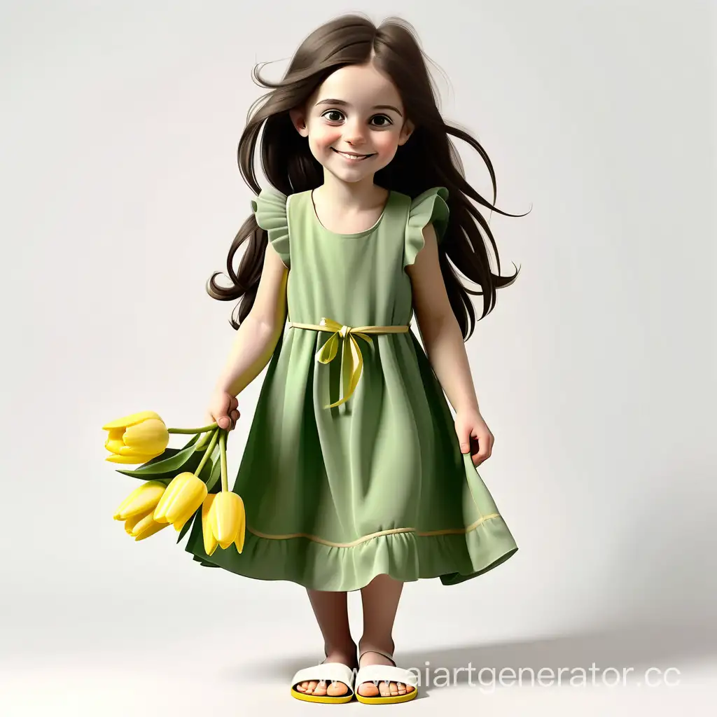 маленькая улыбающаяся девочка с коричневыми глазами и темными длинными волосами в зеленом платье и белых босоножках на белом фоне держит желтые тюльпаны