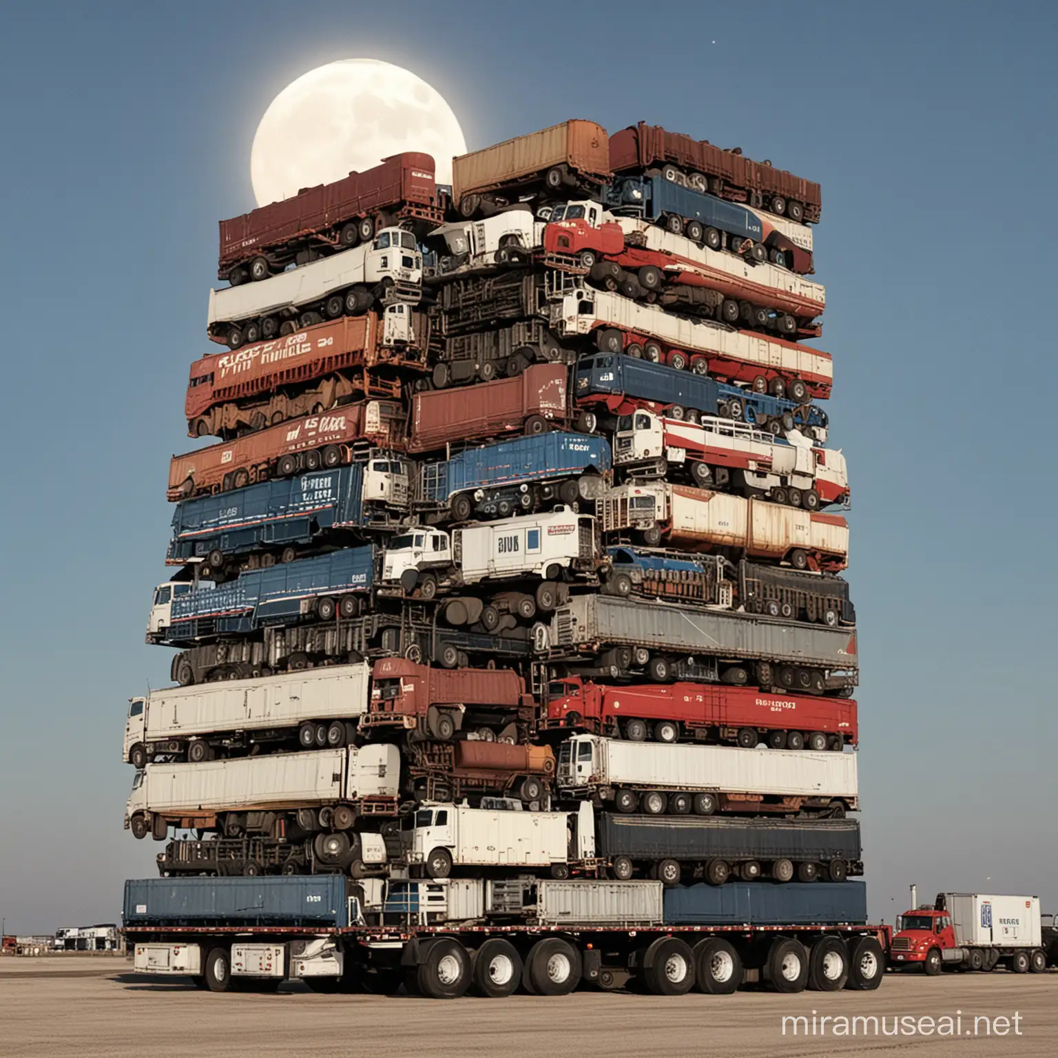 Tower of Semi Trucks Reaching to the Moon