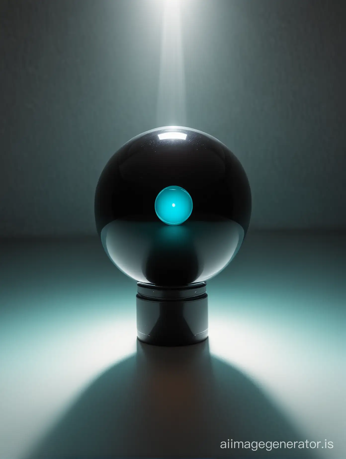 A black ball has a turquoise spot and surrounded by light