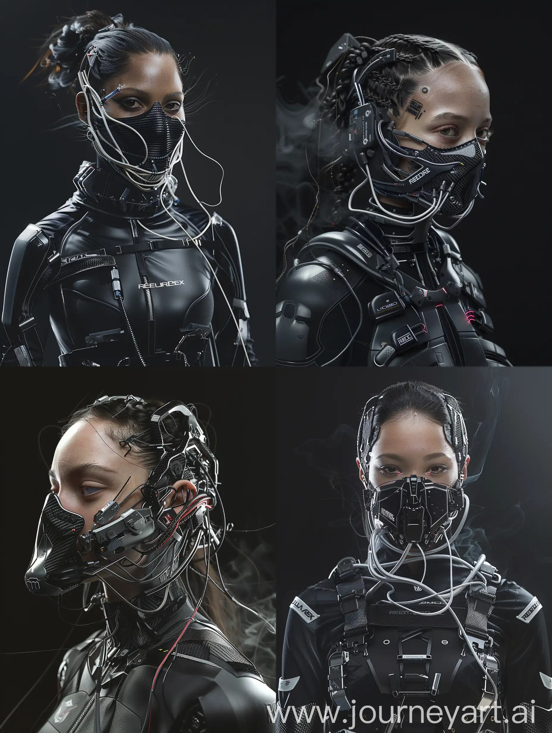 Against a sleek black backdrop, witness the captivating presence of a Beautiful characther adorned with a cybernetic mouth-covering mask. It seamlessly merges cutting-edge technology with intricate details, showcasing carbon fiber textures, sleek aluminum accents, and pulsating wires. Symbolizing the delicate equilibrium between humanity and machine, her appearance embodies the essence of a futuristic cyberpunk aesthetic, further accentuated by Reebok-inspired add-ons. With dynamic movements reminiscent of action-packed film sequences, accompanied by cinematic haze and an electric energy, she exudes an irresistible allure that commands attention