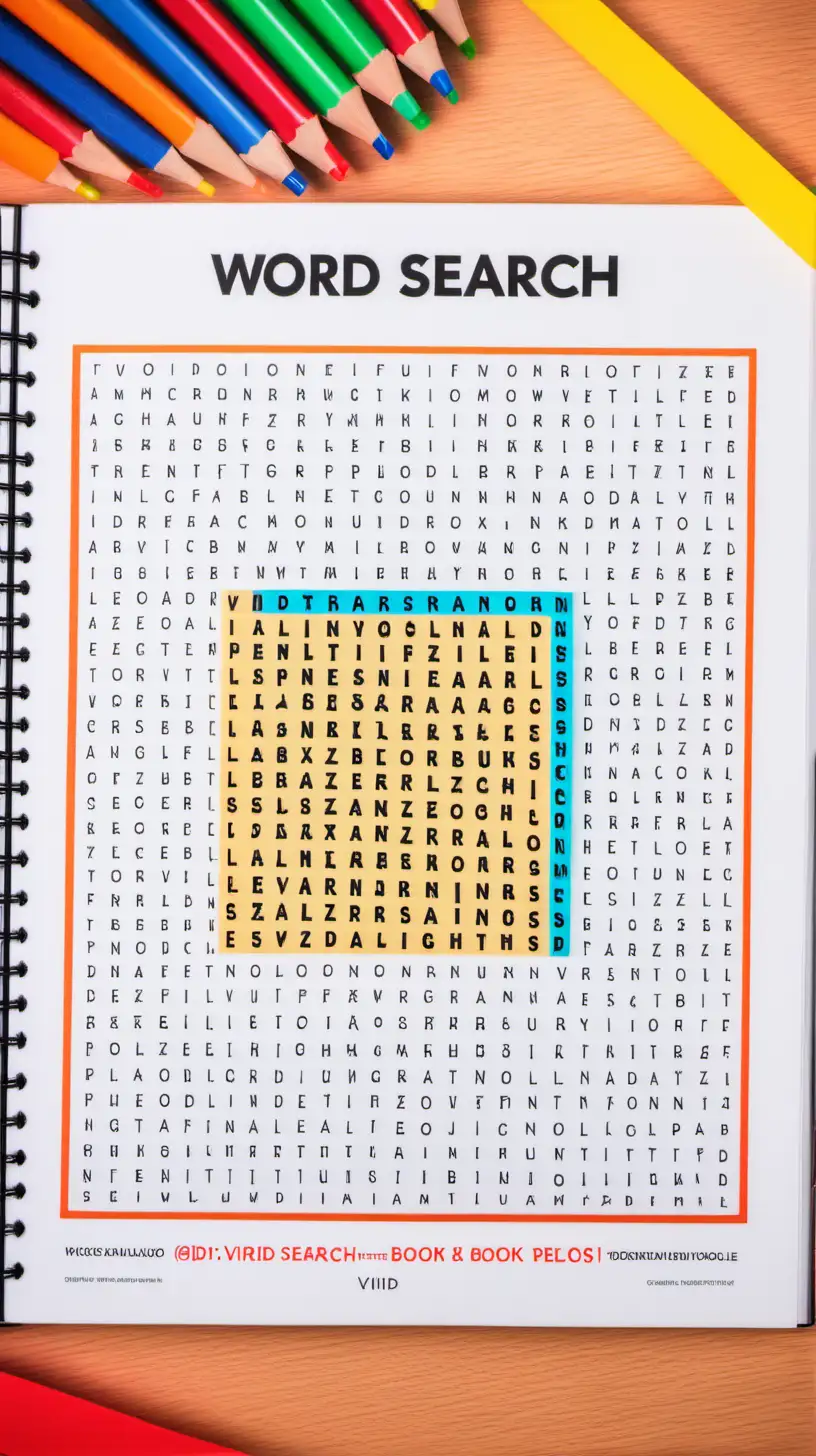 Colorful Word Search Puzzle Book on Desk with Neuron Background