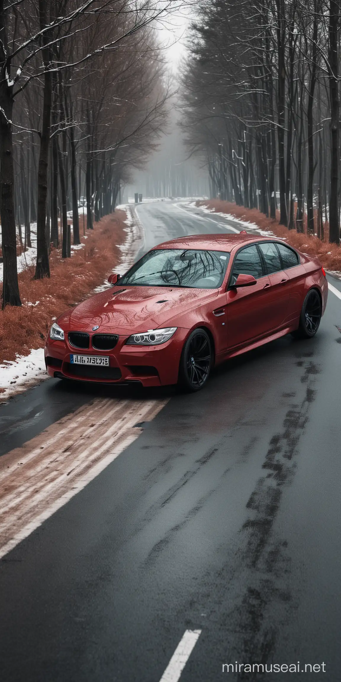 BMW Car Driving Through Winter Forest