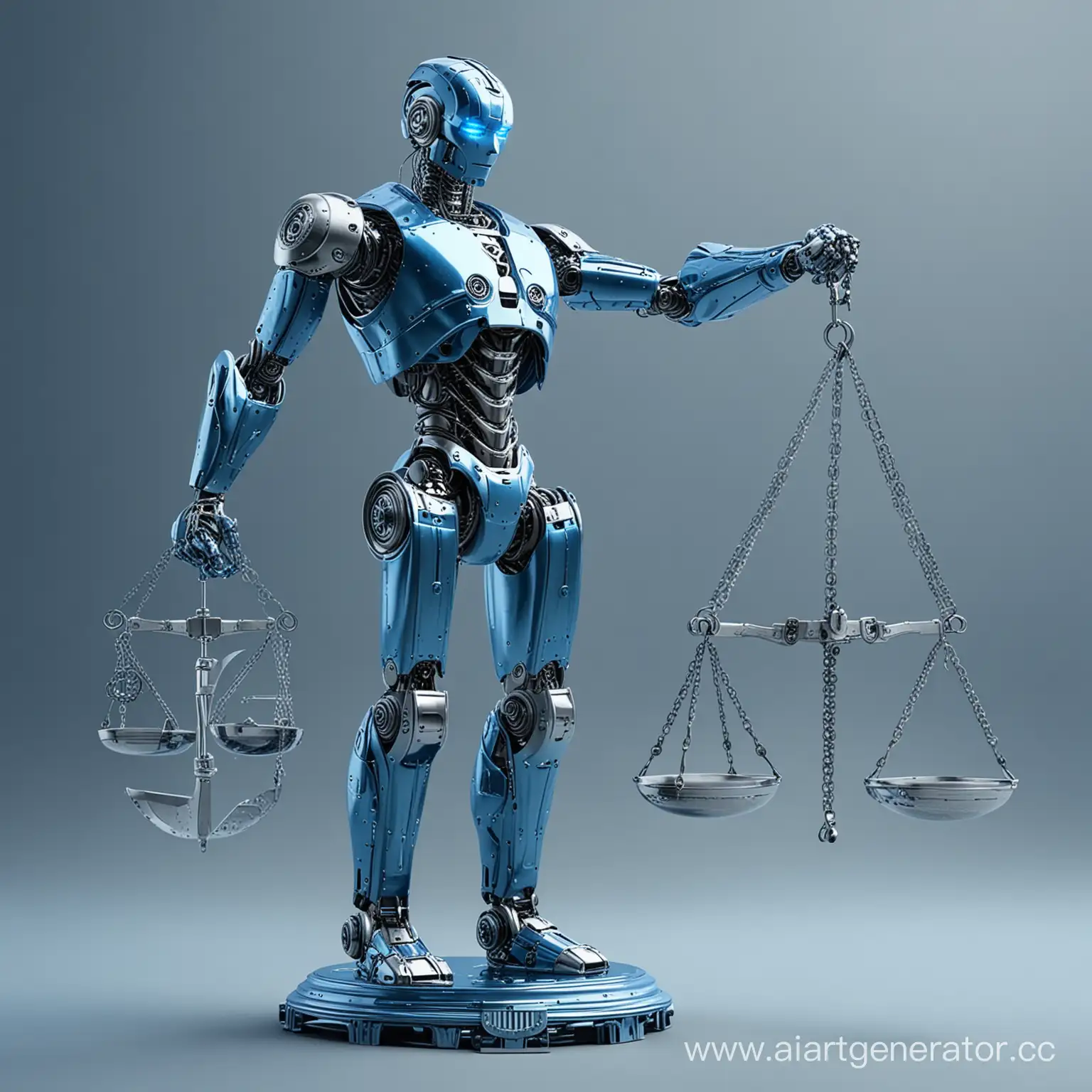 сгенерируй металлического робота, олицетворяющего искусственный интеллект, который смотрит в даль и держит весы справедливости, все с голубых оттенках