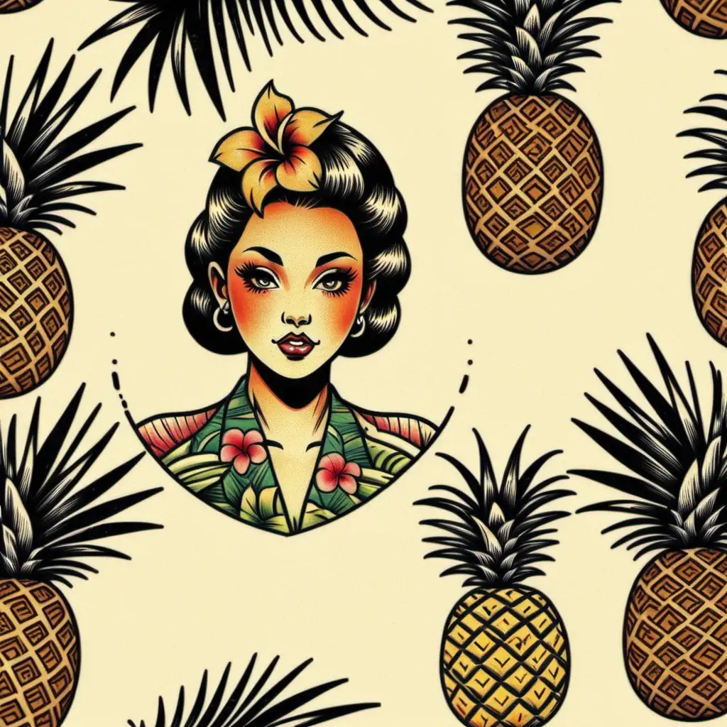 Old School Hawaiian Girls Tattoo Design with Palms and Pineapple