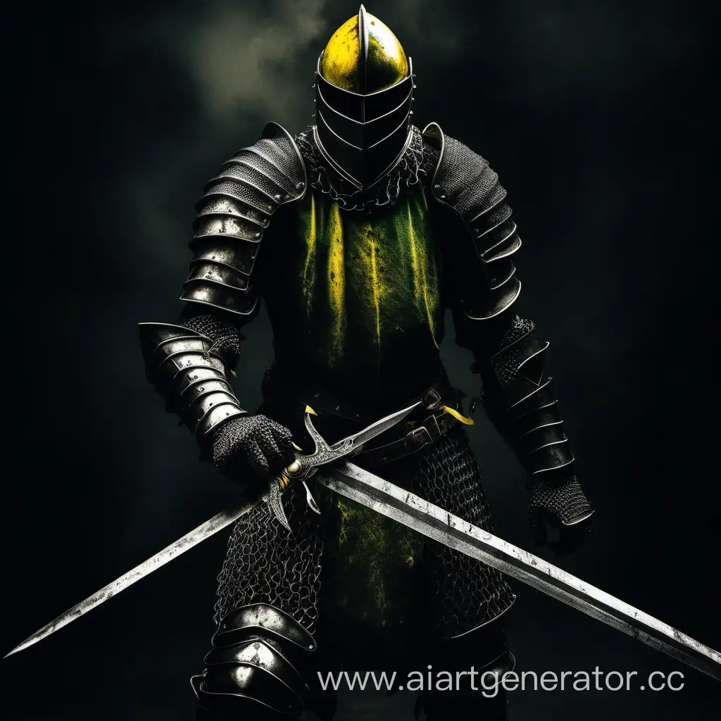Рыцарь, даркфентези, дарк соус, чб, латы, броня, кольчуга, зелено-черный, закрытый шлем, по плечи, черно желтый, темный фон, двуручный меч, грязный лайн, 