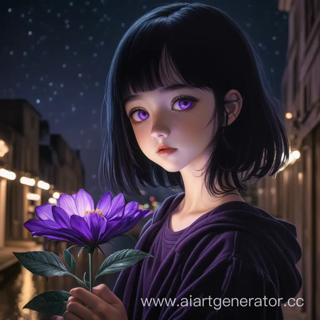 Девочка с черными волосами ночью держит пурпурный цветок