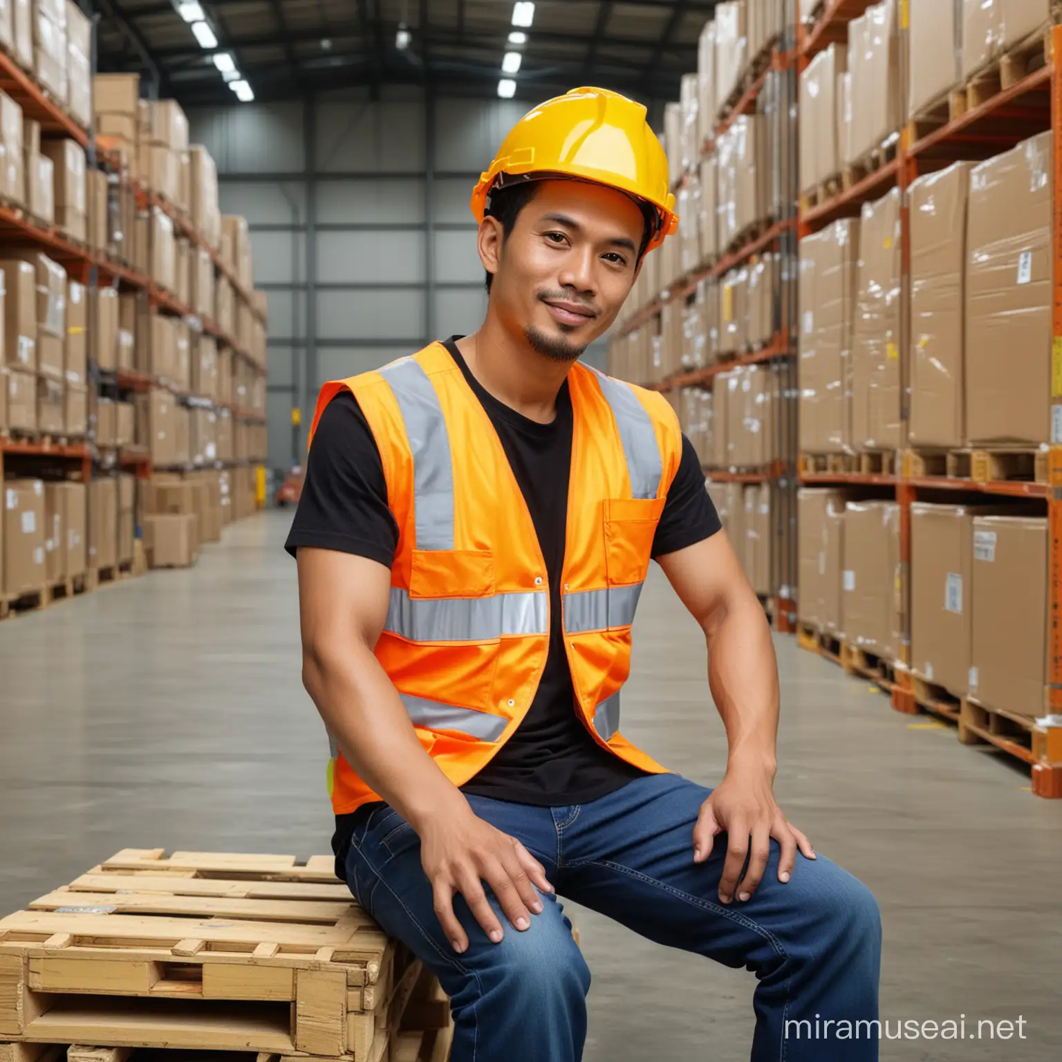 Handsome Indonesian Man in Safety Gear Sitting in Distribution Center Warehouse