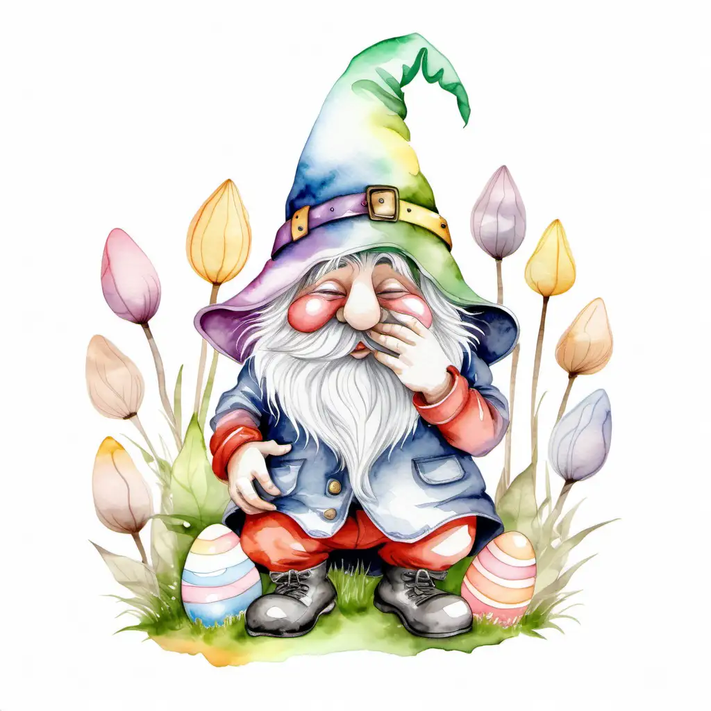 Whimsical Watercolor Gnome with Vibrant Spring Colors and Playful Easter Vibes