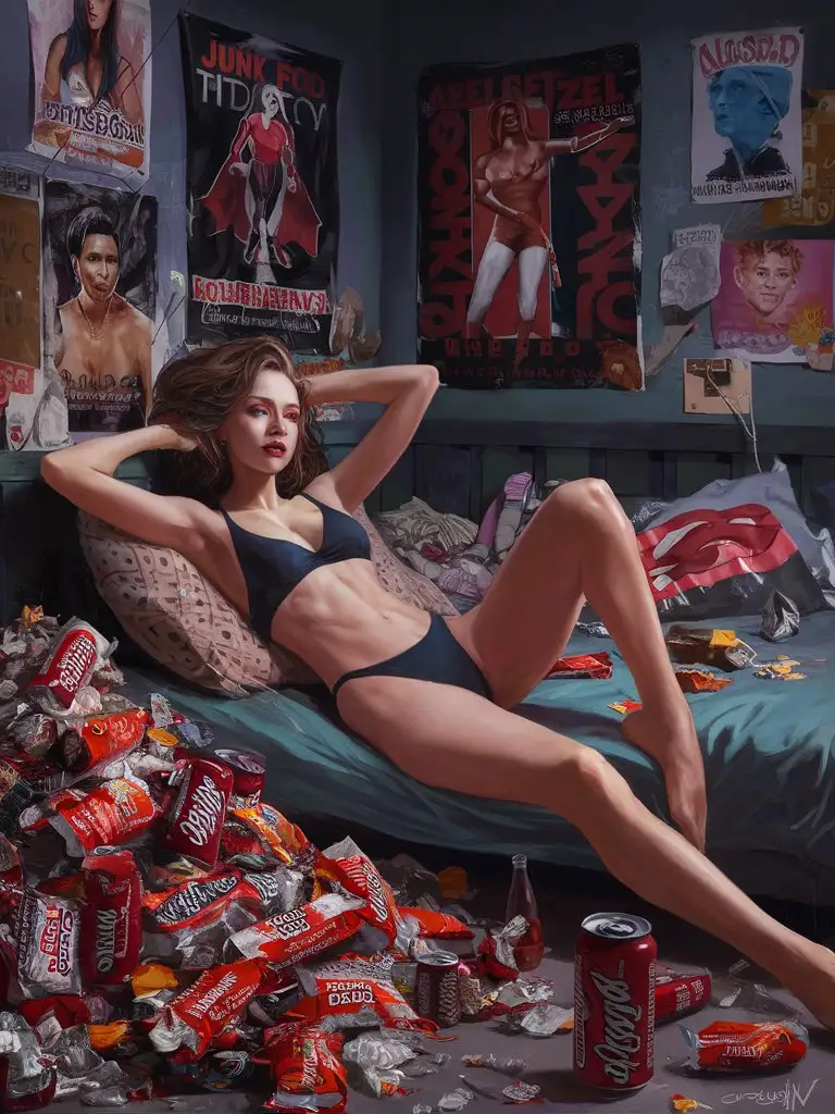 Portrait-of-a-Woman-Surrounded-by-Unhealthy-Junk-Food-in-a-Cluttered-Bedroom
