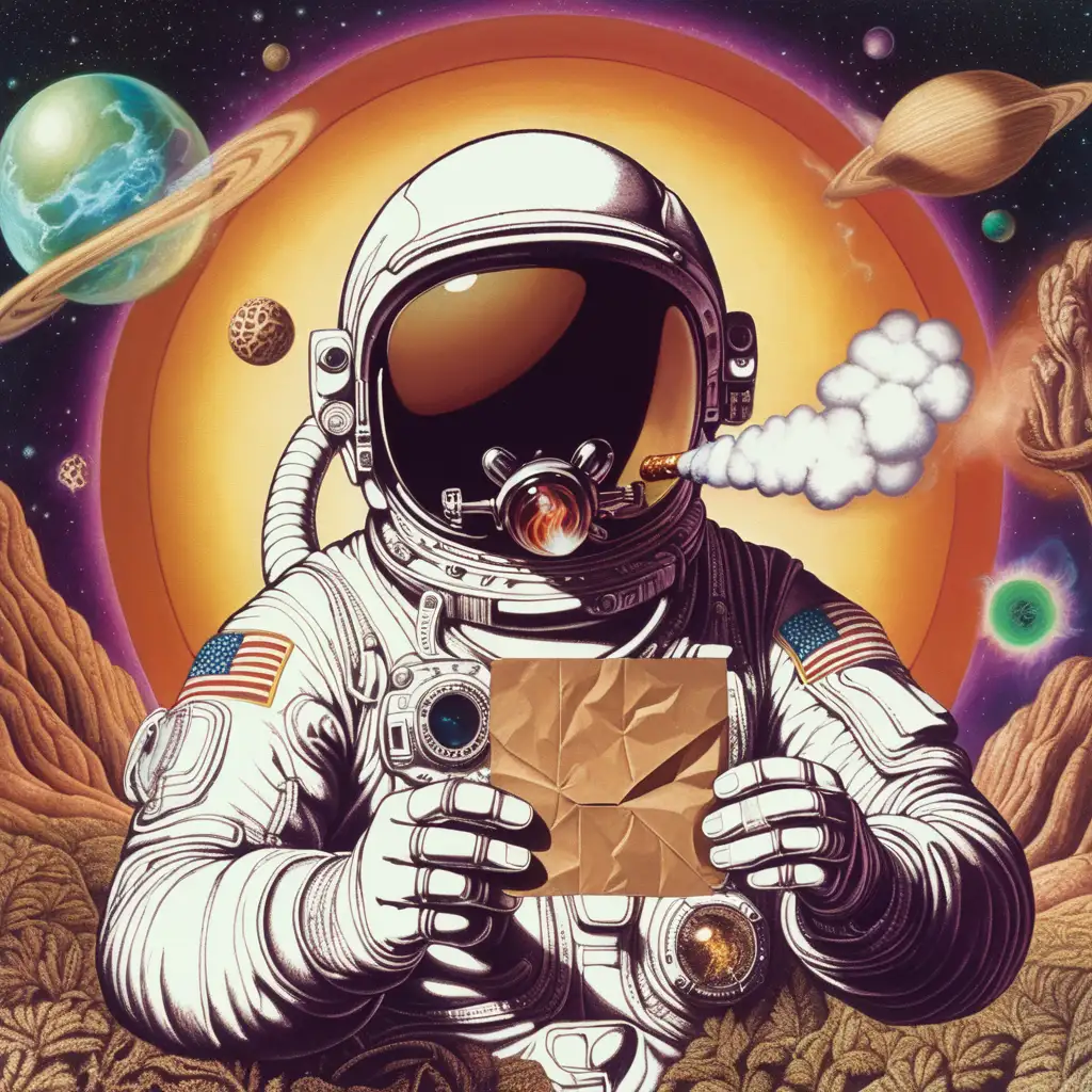 Psychedelic Astronaut Smoking Brown Paper Blunt in DMT Realm