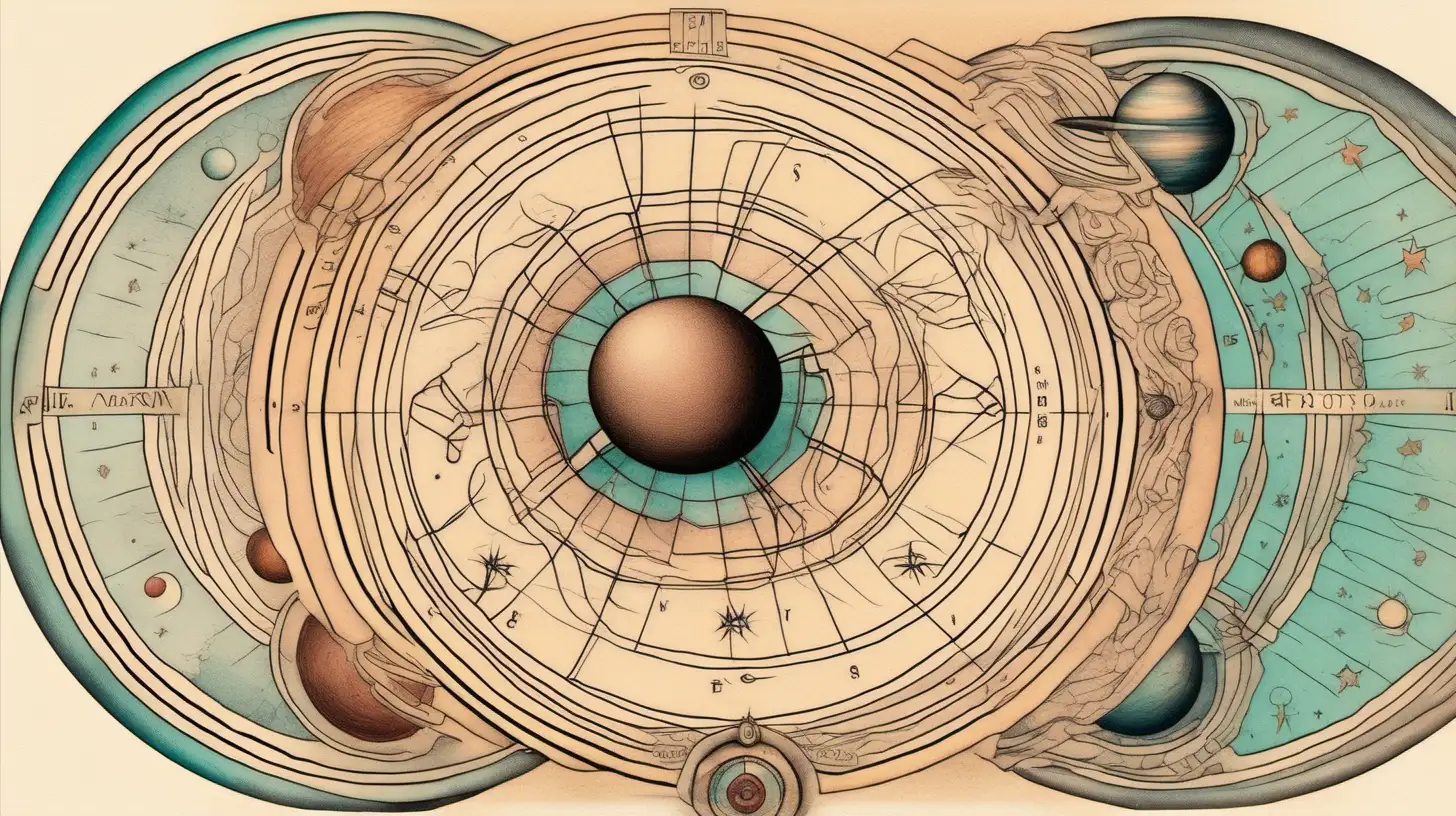 Astrogical wheel , two planets conjuct saturn's ring, saturn, Astrogical elements, Astrology occult tattoos, very loose lines,  irregularities moon eclipse, etching, pastelcolor , light teal, copper, light beige