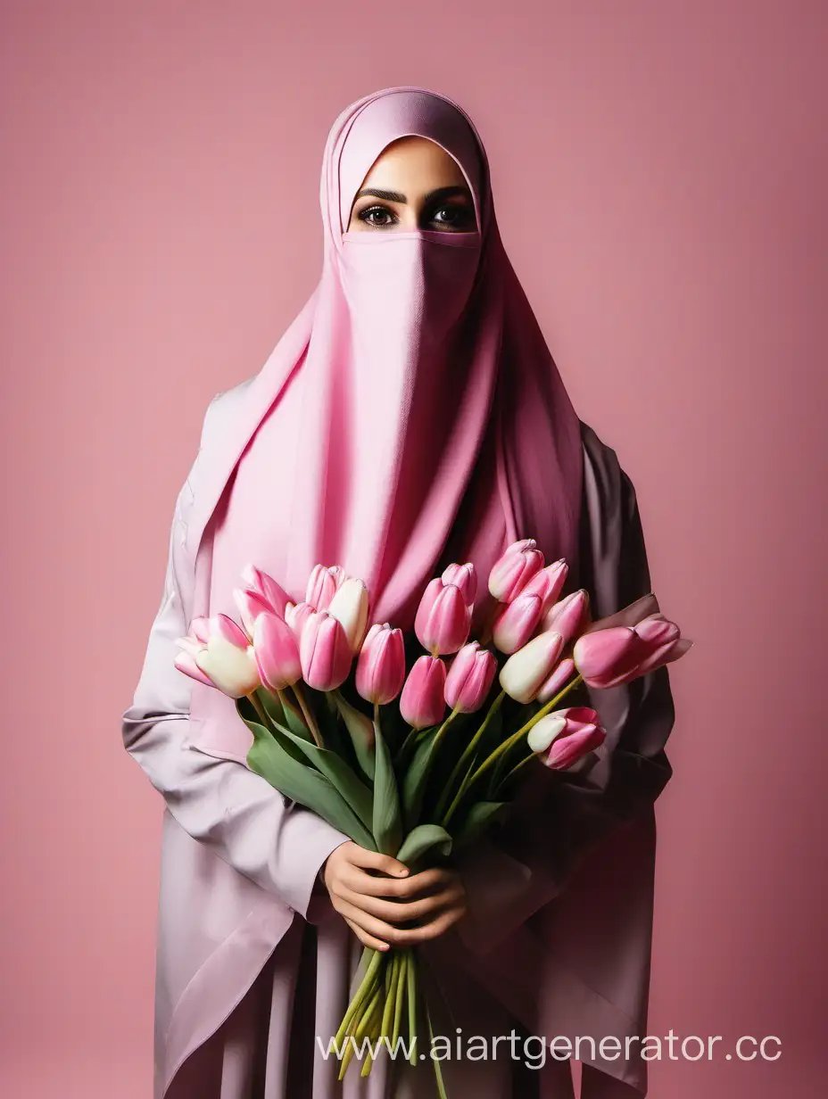 Девушка в большом хиджабе, без лица, стоит спиной, и в руках держит букет розовых тюльпанов