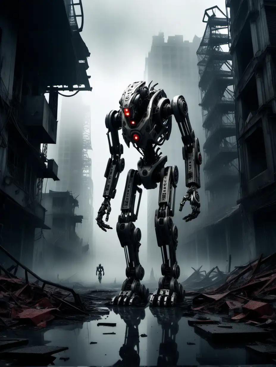 Apocalyptic Dystopia Female Robots and RoboDog in Haunting Cityscape