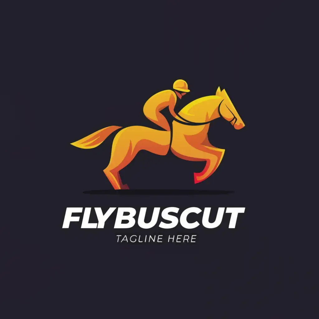 a logo design,with the text "FLYBUSCIUT", main symbol:racing horse and jockey,Minimalistic,be used in Entertainment industry,clear background