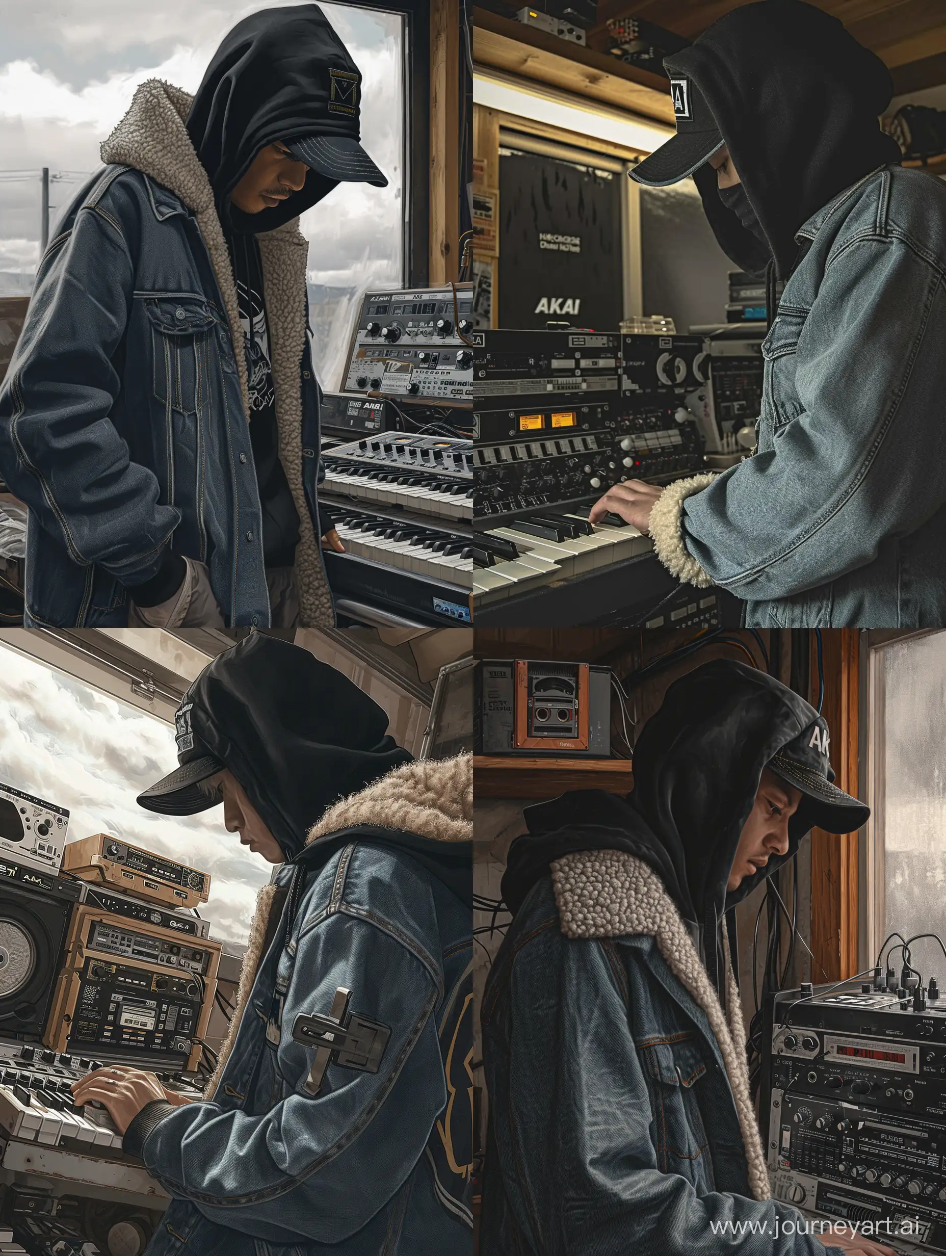 "Style: Hyperrealism. Character: A man in a black hoodie (hood not worn on the head), black snapback cap, denim 'trucker' style jacket lined with sheep's wool. Environment: A dusty music studio in a basement, featuring prominently Akai music equipment and tape cassettes. Action: The character is either creating music or listening to a recording on a cassette. Lighting and colors: Natural lighting suggesting cloudy skies, with a focus on earthy and neutral denim shades. Perspective and composition: Adhering to the golden ratio, focusing on the character and their interaction with the music equipment. Negative Prompt: No neon colors, other characters, unrelated objects, bright colors, elements of fantasy or surrealism. Additional information: To be used as a hip-hop album cover, capturing an atmosphere of concentration and passion for music. Tags: #hiphop, #musicproduction, #akai, #studio, #mixtape. Notes: Emphasis on the details of the clothing and authenticity of the music equipment.